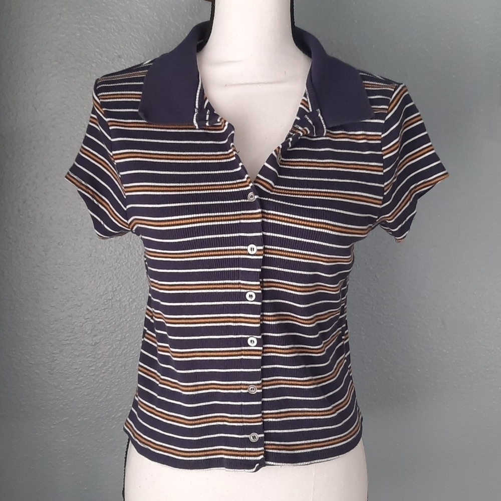 Vintage Y2k Ribbed Striped Button Front Crop Top - Picture 3 of 5
